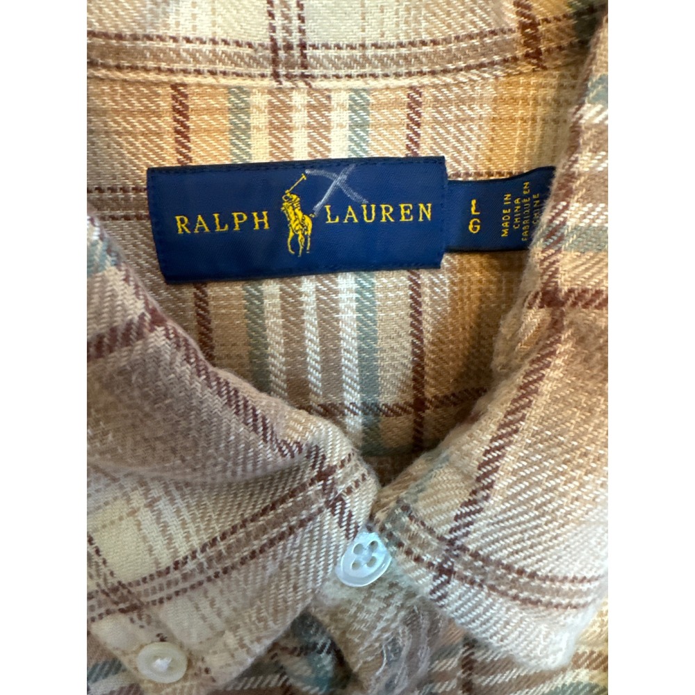 Ralph Lauren Mens Large Tan Brown Plaid Cotton Button Down Shirt Pony Logo - Picture 4 of 16
